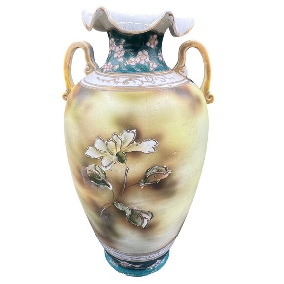 Nippon Rare Antique Hand Painted Floral Two Handed Vase Ruffled Rim 3D Bloomcore - Picture 2 of 15